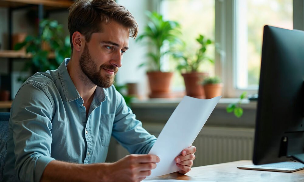 uma pessoa resiliente em um ambiente profissional, revisando um currículo organizado em uma mesa com livros e laptop, simbolizando proatividade e otimismo na busca por novas oportunidades após o desemprego