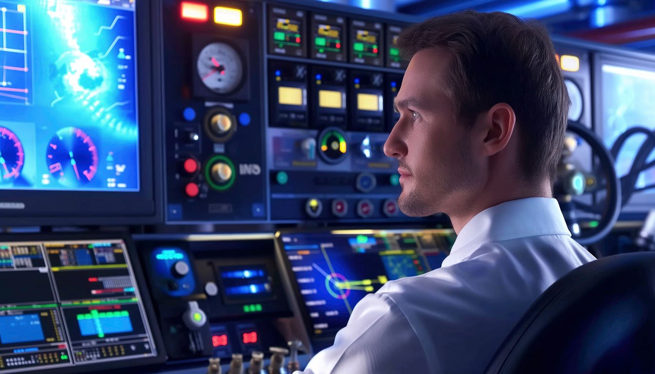 Ilustração de um gestor em um cockpit estilizado, analisando gráficos financeiros em telas como um piloto. Um gráfico mostra uma linha vermelha de custos subindo de 25% a 40% e uma linha verde de receita estável. Ícones como calculadora, engrenagem e aperto de mãos simbolizam precificação, produção e negociações, em tons de azul escuro e cinza