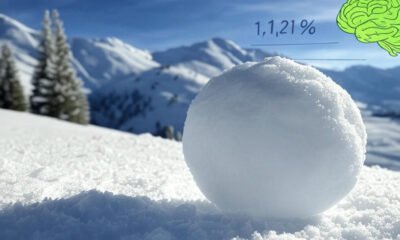 Ilustração de uma bola de neve rolando montanha abaixo, simbolizando o número 1 na fórmula de juros compostos, com neve representando a taxa de juros (10%) e linhas curvas indicando o tempo (2 meses). Ao fundo, um gráfico mostra o crescimento de 1,21 (21%) em tons de azul e branco, com um livro aberto de Matemática Financeira e um cérebro estilizado destacando a memória, em tons de verde e amarelo