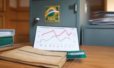 Ilustração de uma caderneta de poupança antiga ao lado de uma carta de crédito moderna, com um gráfico ao fundo mostrando a queda da poupança (linha vermelha descendo de 2,1% para -6,0%) e o crescimento dos consórcios (linha verde subindo de 5,3% para 22,5%) entre 2015 e 2024. Um cofre com o logotipo da Caixa Econômica Federal e o símbolo da ABAC destacam a história e a confiança, em tons de verde e dourado