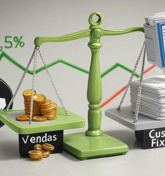 Ilustração de uma balança estilizada em tons de verde e cinza, com um lado representando 'vendas' (com uma seta ascendente e moedas) e o outro 'custos fixos' (com uma pilha de documentos e um gráfico de LAJIR). Ao fundo, inclua uma linha verde subindo (aumento de 37,5% nas vendas) e uma linha vermelha descendo (queda de 37,5%), simbolizando o efeito da alavancagem operacional. Adicione um ícone de outsourcing (um símbolo de terceirização com mãos trocando papéis) para destacar a estratégia de redução de riscos