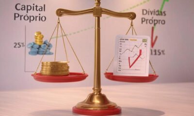 Imagem de capa com uma balança dourada e vermelha, equilibrando 'capital próprio' (moedas e gráfico) e 'dívidas' (notas e seta de risco). Ao fundo, linhas verde (lucro operacional 25%) e vermelha (custo de juros 15%) mostram o equilíbrio financeiro, com um alerta de 'risco' em um canto