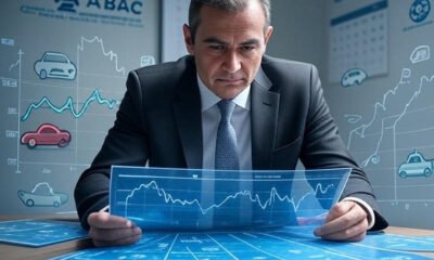 Ilustração de um consorciado analisando gráficos ascendentes de ganhos (em verde) e juros altos (em vermelho), com símbolos de imóveis, carros, moedas e um calendário. Inclua os logos da ABAC e Banco Central do Brasil ao fundo, em tons de azul e verde, proporção 1024x768