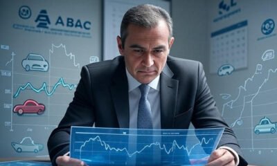Ilustração de um consorciado analisando gráficos ascendentes de ganhos (em verde) e juros altos (em vermelho), com símbolos de imóveis, carros, moedas e um calendário. Inclua os logos da ABAC e Banco Central do Brasil ao fundo, em tons de azul e verde, proporção 1024x768