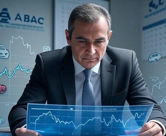 Ilustração de um consorciado analisando gráficos ascendentes de ganhos (em verde) e juros altos (em vermelho), com símbolos de imóveis, carros, moedas e um calendário. Inclua os logos da ABAC e Banco Central do Brasil ao fundo, em tons de azul e verde, proporção 1024x768