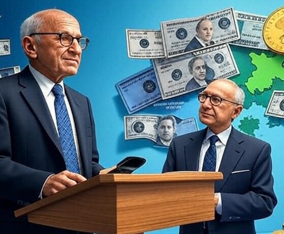 Ilustração de Milton Friedman em um púlpito com gráficos de oferta de moeda e vouchers (em verde), contrastando com administração governamental (em vermelho). Inclua símbolos como livros, escolas, moedas e um mapa do Brasil ao fundo, em tons de azul e verde, proporção 1024x768
