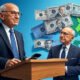 Ilustração de Milton Friedman em um púlpito com gráficos de oferta de moeda e vouchers (em verde), contrastando com administração governamental (em vermelho). Inclua símbolos como livros, escolas, moedas e um mapa do Brasil ao fundo, em tons de azul e verde, proporção 1024x768