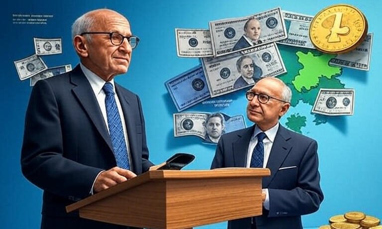 Ilustração de Milton Friedman em um púlpito com gráficos de oferta de moeda e vouchers (em verde), contrastando com administração governamental (em vermelho). Inclua símbolos como livros, escolas, moedas e um mapa do Brasil ao fundo, em tons de azul e verde, proporção 1024x768