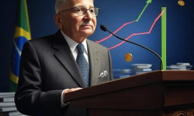 Ilustração de Ludwig von Mises em um púlpito, com gráficos ascendentes de capital e liberdade econômica (em verde), contrastando com gráficos descendentes de inflação e intervencionismo (em vermelho). Inclua símbolos como moedas, livros da Escola Austríaca, e um mapa do Brasil ao fundo, com tons de azul e verde, proporção 1024x768