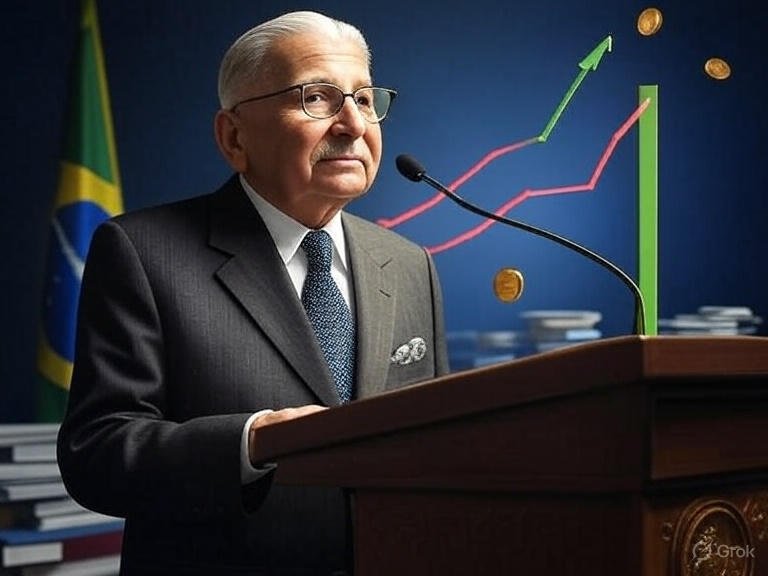 Ilustração de Ludwig von Mises em um púlpito, com gráficos ascendentes de capital e liberdade econômica (em verde), contrastando com gráficos descendentes de inflação e intervencionismo (em vermelho). Inclua símbolos como moedas, livros da Escola Austríaca, e um mapa do Brasil ao fundo, com tons de azul e verde, proporção 1024x768