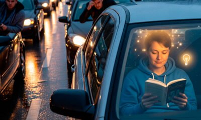 Uma pessoa sentada em um carro, presa em um engarrafamento denso. Enquanto os outros motoristas parecem estressados, essa pessoa está calma, lendo um livro ou ouvindo fones de ouvido, com uma leve aura brilhante ou uma lâmpada de ideia acima da cabeça. A cena é vista de fora do carro, mostrando o contraste entre a serenidade do indivíduo e o caos do trânsito. Estilo de foto realista, alta resolução, proporção 16:9.
