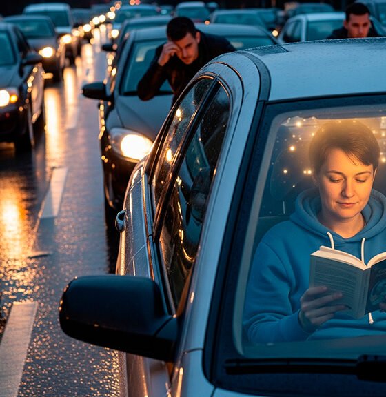 Uma pessoa sentada em um carro, presa em um engarrafamento denso. Enquanto os outros motoristas parecem estressados, essa pessoa está calma, lendo um livro ou ouvindo fones de ouvido, com uma leve aura brilhante ou uma lâmpada de ideia acima da cabeça. A cena é vista de fora do carro, mostrando o contraste entre a serenidade do indivíduo e o caos do trânsito. Estilo de foto realista, alta resolução, proporção 16:9.