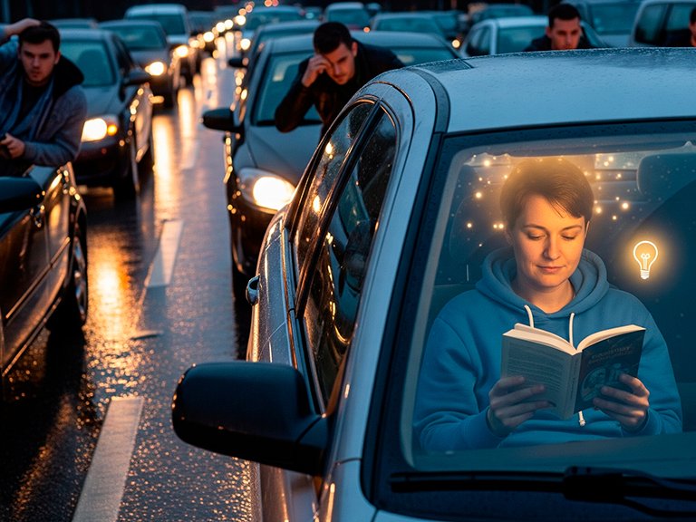 Uma pessoa sentada em um carro, presa em um engarrafamento denso. Enquanto os outros motoristas parecem estressados, essa pessoa está calma, lendo um livro ou ouvindo fones de ouvido, com uma leve aura brilhante ou uma lâmpada de ideia acima da cabeça. A cena é vista de fora do carro, mostrando o contraste entre a serenidade do indivíduo e o caos do trânsito. Estilo de foto realista, alta resolução, proporção 16:9.