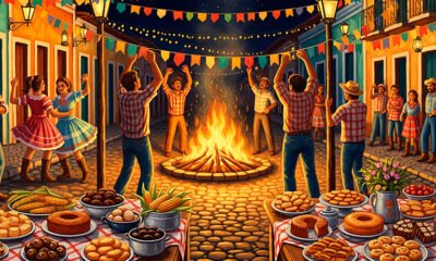 Uma cena noturna de uma animada festa junina em uma pequena rua de uma cidade do interior de Minas Gerais. Pessoas da comunidade, de todas as idades, colaboram alegremente. Alguns penduram bandeirinhas coloridas entre os postes, outros se aquecem ao redor de uma grande fogueira crepitante. Mesas na calçada estão cheias de comidas típicas. Ao fundo, um músico toca sanfona, e casais dançam quadrilha. A iluminação é quente, vinda da fogueira e dos lampiões, criando uma atmosfera acolhedora e nostálgica. Estilo de pintura a óleo digital, com cores vibrantes e pinceladas expressivas, alta resolução, proporção 16:9.