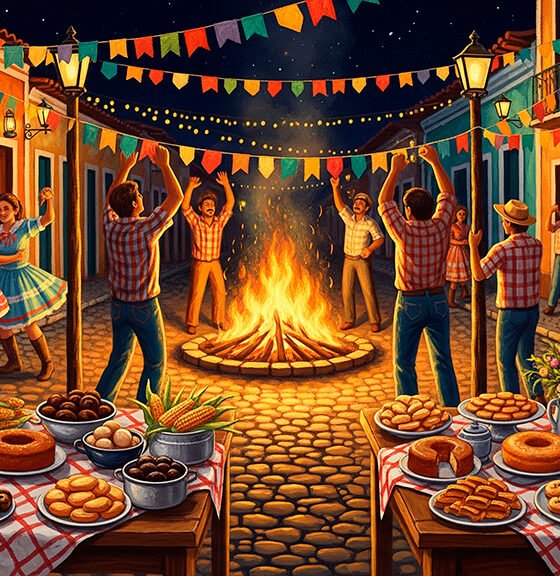 Uma cena noturna de uma animada festa junina em uma pequena rua de uma cidade do interior de Minas Gerais. Pessoas da comunidade, de todas as idades, colaboram alegremente. Alguns penduram bandeirinhas coloridas entre os postes, outros se aquecem ao redor de uma grande fogueira crepitante. Mesas na calçada estão cheias de comidas típicas. Ao fundo, um músico toca sanfona, e casais dançam quadrilha. A iluminação é quente, vinda da fogueira e dos lampiões, criando uma atmosfera acolhedora e nostálgica. Estilo de pintura a óleo digital, com cores vibrantes e pinceladas expressivas, alta resolução, proporção 16:9.