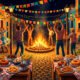 Uma cena noturna de uma animada festa junina em uma pequena rua de uma cidade do interior de Minas Gerais. Pessoas da comunidade, de todas as idades, colaboram alegremente. Alguns penduram bandeirinhas coloridas entre os postes, outros se aquecem ao redor de uma grande fogueira crepitante. Mesas na calçada estão cheias de comidas típicas. Ao fundo, um músico toca sanfona, e casais dançam quadrilha. A iluminação é quente, vinda da fogueira e dos lampiões, criando uma atmosfera acolhedora e nostálgica. Estilo de pintura a óleo digital, com cores vibrantes e pinceladas expressivas, alta resolução, proporção 16:9.