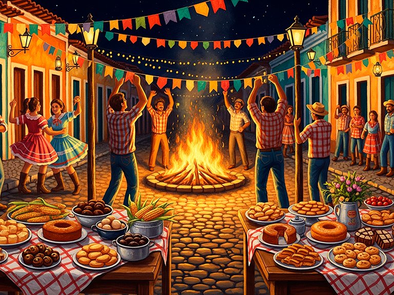 Uma cena noturna de uma animada festa junina em uma pequena rua de uma cidade do interior de Minas Gerais. Pessoas da comunidade, de todas as idades, colaboram alegremente. Alguns penduram bandeirinhas coloridas entre os postes, outros se aquecem ao redor de uma grande fogueira crepitante. Mesas na calçada estão cheias de comidas típicas. Ao fundo, um músico toca sanfona, e casais dançam quadrilha. A iluminação é quente, vinda da fogueira e dos lampiões, criando uma atmosfera acolhedora e nostálgica. Estilo de pintura a óleo digital, com cores vibrantes e pinceladas expressivas, alta resolução, proporção 16:9.