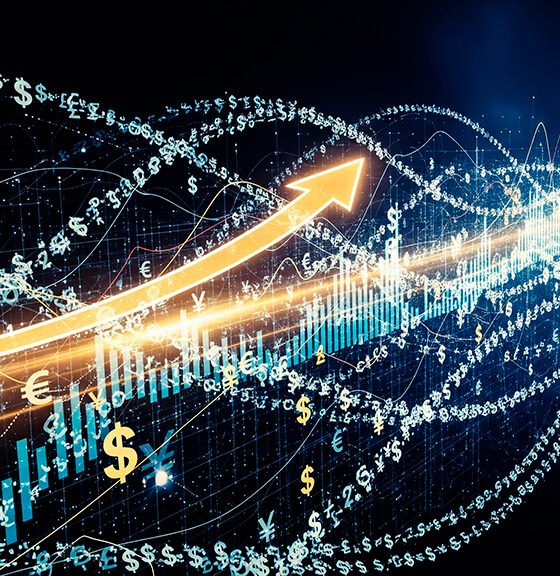 Imagem conceitual representando perpetuidade financeira e crescimento. Um fluxo de dados infinito e luminoso, composto por símbolos de moeda e gráficos, flui em direção ao horizonte. Uma seta ascendente está integrada ao fluxo, indicando crescimento. O estilo é abstrato, digital e moderno, com uma paleta de cores azul e dourada sobre um fundo escuro. Alta resolução, cinematográfico, proporção 16:9.