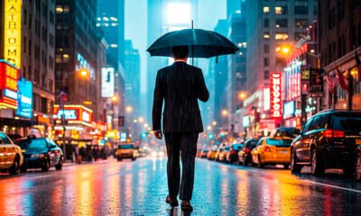 um homem de terno, de costas, andando na chuva em uma cidade grande, com uma expressão de esperança, olhando para uma luz brilhante à distância. A imagem deve ser uma foto realista com uma proporção de 16:9.