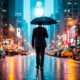 um homem de terno, de costas, andando na chuva em uma cidade grande, com uma expressão de esperança, olhando para uma luz brilhante à distância. A imagem deve ser uma foto realista com uma proporção de 16:9.