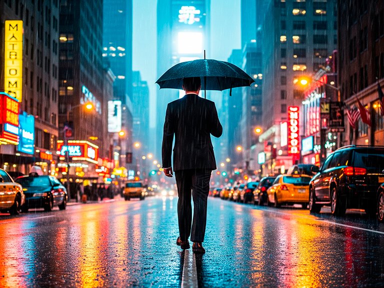 um homem de terno, de costas, andando na chuva em uma cidade grande, com uma expressão de esperança, olhando para uma luz brilhante à distância. A imagem deve ser uma foto realista com uma proporção de 16:9.