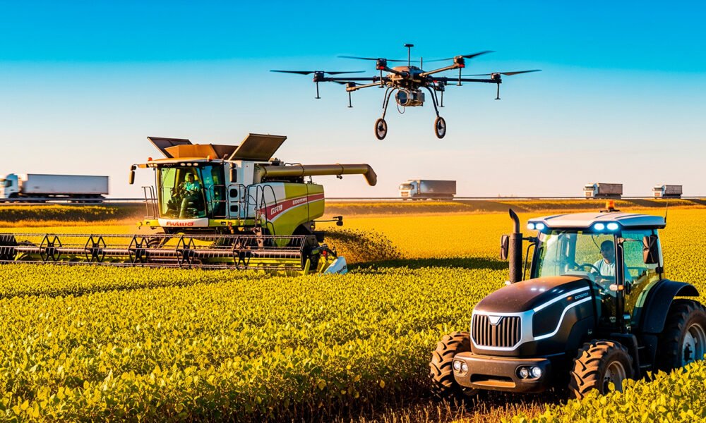 Uma imagem panorâmica e vibrante de um campo agrícola brasileiro em plena produção. Em primeiro plano, uma colheitadeira de última geração e um trator autônomo, com luzes de LED e um design moderno, operam em uma lavoura de soja sob um céu ensolarado. Um drone agrícola sobrevoa a cena. Em segundo plano, mais distante e em menor destaque, uma rodovia é percorrida por caminhões de carga. A imagem cria um contraste visual que destaca a proeminência e a tecnologia do agronegócio sobre o transporte rodoviário tradicional. O estilo é de uma foto realista e cinematográfica, com cores saturadas para realçar a produtividade do campo. Alta resolução, proporção 16:9