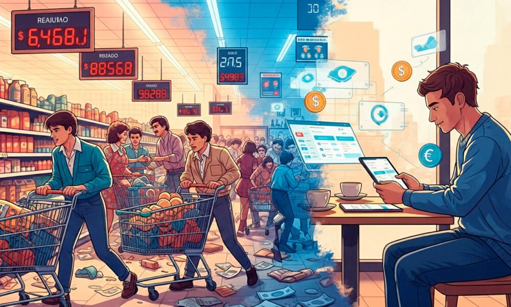 Uma cena vibrante e dinâmica que contrasta o passado e o presente da educação financeira no Brasil. À esquerda, um cenário caótico e colorido dos anos 80, com pessoas correndo em um supermercado, carrinhos cheios e preços mudando rapidamente em letreiros analógicos. O ambiente é de urgência e desorganização. À direita, um cenário moderno e sereno, com uma pessoa sentada em um café, usando um tablet para organizar finanças em um aplicativo, rodeada por gráficos e símbolos de moedas que flutuam de forma organizada. A transição entre os dois lados é fluida, simbolizando a evolução para o planejamento. O estilo é uma ilustração digital vívida e detalhada, com cores que refletem as épocas. Alta resolução, proporção 16:9