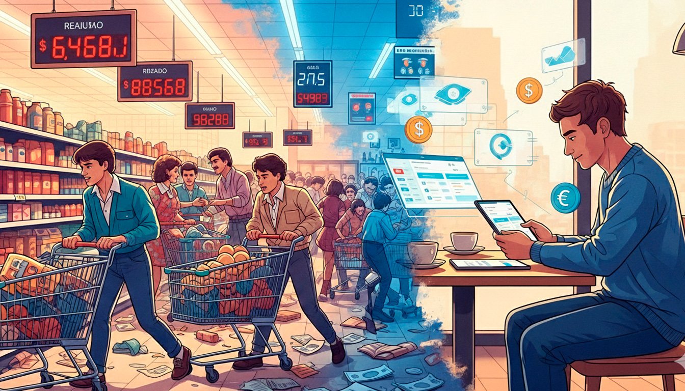 Uma cena vibrante e dinâmica que contrasta o passado e o presente da educação financeira no Brasil. À esquerda, um cenário caótico e colorido dos anos 80, com pessoas correndo em um supermercado, carrinhos cheios e preços mudando rapidamente em letreiros analógicos. O ambiente é de urgência e desorganização. À direita, um cenário moderno e sereno, com uma pessoa sentada em um café, usando um tablet para organizar finanças em um aplicativo, rodeada por gráficos e símbolos de moedas que flutuam de forma organizada. A transição entre os dois lados é fluida, simbolizando a evolução para o planejamento. O estilo é uma ilustração digital vívida e detalhada, com cores que refletem as épocas. Alta resolução, proporção 16:9