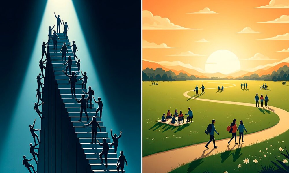 Uma imagem conceitual que contrasta dois caminhos de carreira. À esquerda, uma escada imponente e vertical, com degraus cada vez mais estreitos em direção ao topo, onde um único holofote brilha intensamente. Mãos estendidas e figuras que se esforçam para subir representam a carreira ascendente e a competição. À direita, um vasto e sereno campo verde, com um caminho horizontal serpenteando por ele, levando a um pôr do sol tranquilo. Pessoas em diversas atividades relaxantes e colaborativas aparecem no campo, simbolizando qualidade de vida, trabalho em equipe e equilíbrio. Uma linha divisória sutil, mas clara, separa os dois cenários. O estilo é uma ilustração digital com cores que contrastam a intensidade da carreira vertical (azul escuro, cinza) com a serenidade da carreira horizontal (verde, laranja suave). Alta resolução, proporção 16:9.