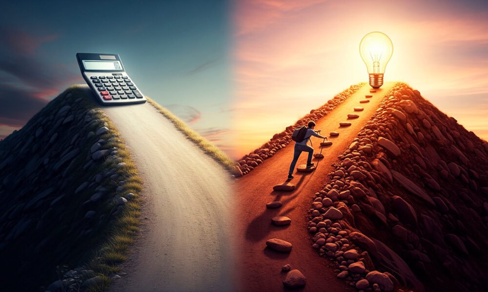 Uma ilustração conceitual de uma bifurcação em um caminho de terra. À esquerda, um caminho largo, plano e iluminado, com uma calculadora gigante no final, representando o caminho fácil. À direita, um caminho estreito, íngreme e cheio de pequenas pedras, com uma figura de um estudante subindo com esforço, mas com uma expressão de determinação. No topo do caminho difícil, uma lâmpada acesa simboliza a compreensão e a gratificação. A paleta de cores para o caminho fácil é mais clara e neutra, enquanto o caminho difícil tem cores mais quentes e terrosas, realçando a jornada. O céu é um gradiente do anoitecer para o amanhecer, com a luz do sol nascendo sobre o caminho difícil. Alta resolução, estilo de ilustração digital, proporção 16:9