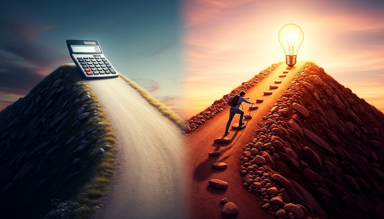 Uma ilustração conceitual de uma bifurcação em um caminho de terra. À esquerda, um caminho largo, plano e iluminado, com uma calculadora gigante no final, representando o caminho fácil. À direita, um caminho estreito, íngreme e cheio de pequenas pedras, com uma figura de um estudante subindo com esforço, mas com uma expressão de determinação. No topo do caminho difícil, uma lâmpada acesa simboliza a compreensão e a gratificação. A paleta de cores para o caminho fácil é mais clara e neutra, enquanto o caminho difícil tem cores mais quentes e terrosas, realçando a jornada. O céu é um gradiente do anoitecer para o amanhecer, com a luz do sol nascendo sobre o caminho difícil. Alta resolução, estilo de ilustração digital, proporção 16:9
