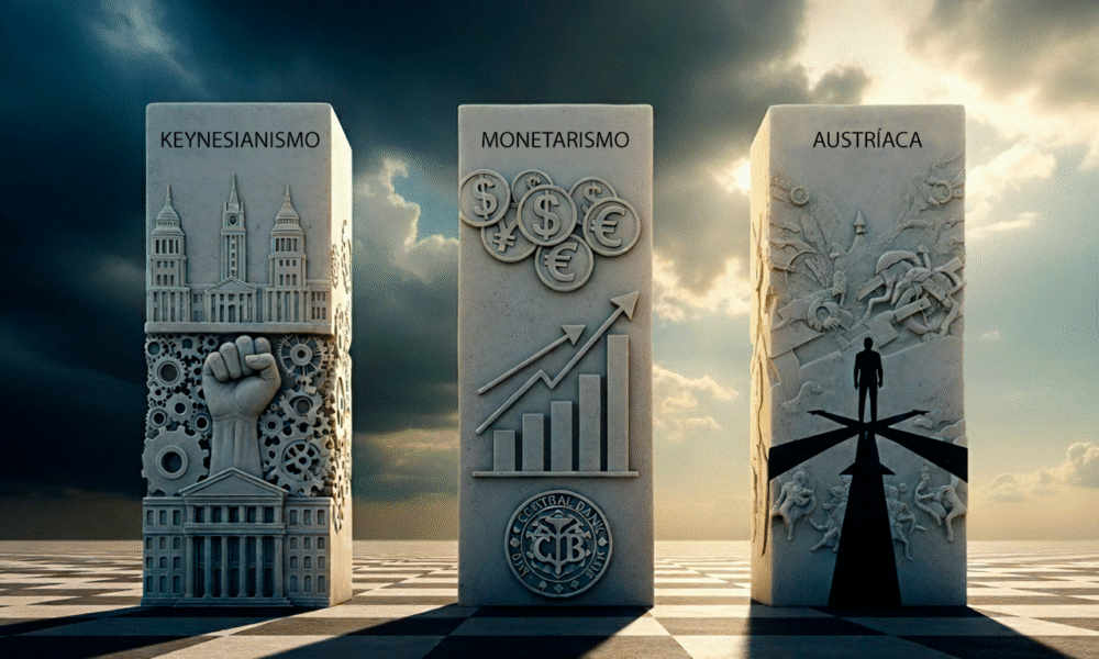 Imagem conceitual e simbólica representando as três principais escolas de pensamento econômico. Três grandes pilares de mármore se erguem em uma paisagem de tabuleiro de xadrez sob um céu dramático. O pilar 'Keynesiano' tem entalhes de edifícios governamentais e uma mão controladora. O pilar 'Monetarista' é adornado com símbolos de moedas, gráficos de oferta de dinheiro e o logotipo de um banco central. O pilar 'Austríaco' mostra a silhueta de uma figura humana em uma encruzilhada, simbolizando a ação e a escolha individual (Praxiologia). O estilo é surrealista e alegórico, com iluminação dramática. Alta resolução, proporção 16:9.