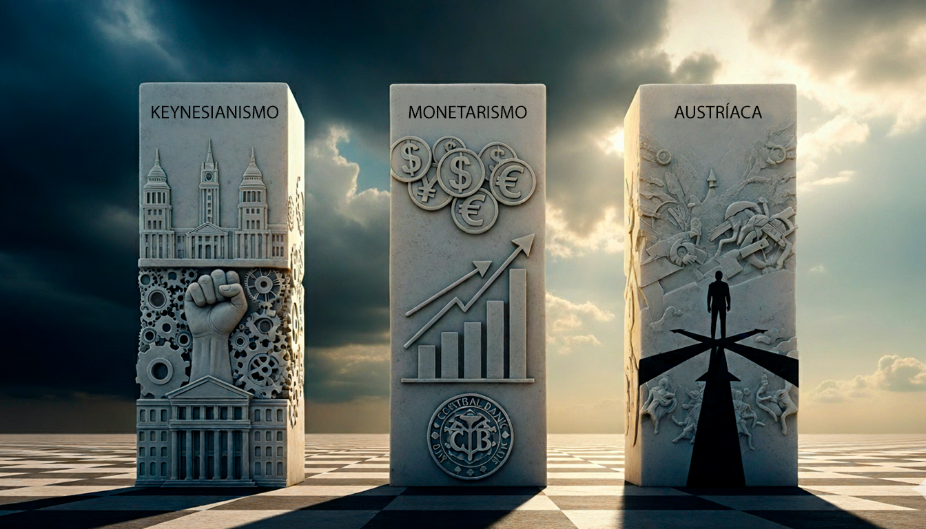 Imagem conceitual e simbólica representando as três principais escolas de pensamento econômico. Três grandes pilares de mármore se erguem em uma paisagem de tabuleiro de xadrez sob um céu dramático. O pilar 'Keynesiano' tem entalhes de edifícios governamentais e uma mão controladora. O pilar 'Monetarista' é adornado com símbolos de moedas, gráficos de oferta de dinheiro e o logotipo de um banco central. O pilar 'Austríaco' mostra a silhueta de uma figura humana em uma encruzilhada, simbolizando a ação e a escolha individual (Praxiologia). O estilo é surrealista e alegórico, com iluminação dramática. Alta resolução, proporção 16:9.