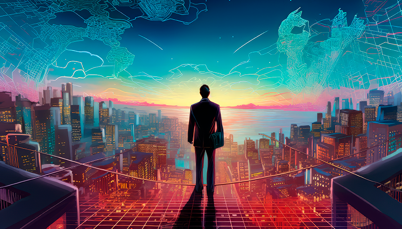 Uma ilustração digital conceitual e otimista sobre crescimento empresarial. Em primeiro plano, um caminho sólido e luminoso, construído com peças de quebra-cabeça que se encaixam perfeitamente. As peças têm palavras como 'Planejamento', 'Economia' e, em destaque, 'Consórcio'. O caminho começa em um pequeno estabelecimento comercial e leva a um complexo empresarial muito maior e moderno no horizonte, simbolizando a expansão. Ao lado, em contraste, um caminho alternativo é mostrado como uma ponte de cordas frágil e perigosa, com a etiqueta 'Juros Altos', desaparecendo em nuvens de tempestade. O cenário geral é claro e ensolarado, transmitindo segurança e sucesso. Estilo de ilustração vetorial moderno, limpo e vibrante. Alta resolução, proporção 16:9