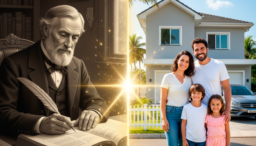 Uma imagem conceitual em estilo de colagem que une o passado e o presente. À esquerda, em tons de sépia, um economista do século XIX, como Jevons ou Bentham, está sentado em sua escrivaninha, escrevendo em um livro antigo. Do livro, emana uma ponte de luz translúcida que atravessa a imagem e se conecta ao lado direito, que é moderno e em cores vibrantes. Neste lado, uma família brasileira sorri em frente a uma casa nova e um carro, simbolizando a realização de um sonho. A ponte de luz representa a teoria do "sentimento antecipado" e o planejamento, conectando a ideia filosófica à conquista material viabilizada pelo consórcio. O estilo é uma montagem artística que mescla o vintage com o fotorrealismo moderno. Alta resolução, proporção 16:9