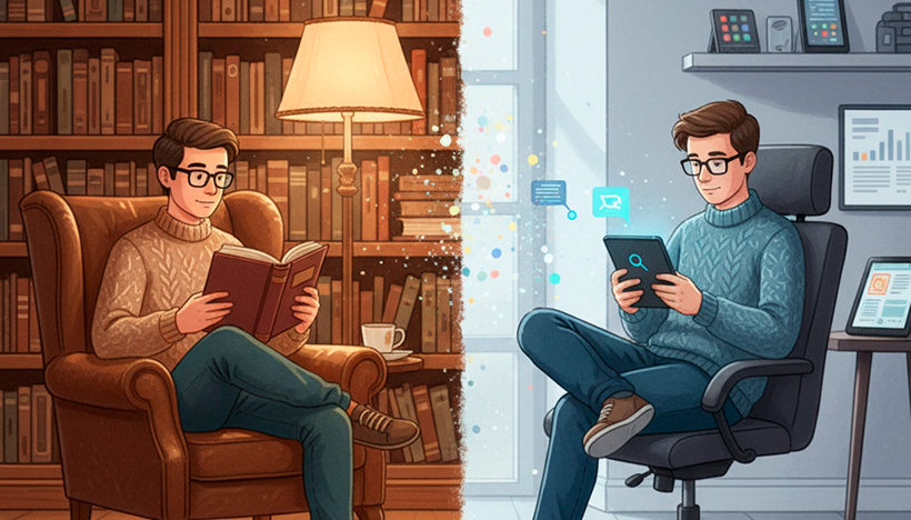 Uma ilustração digital dividida ao meio, contrastando dois ambientes de leitura. À esquerda, uma cena aconchegante com uma pessoa sentada em uma poltrona, imersa na leitura de um livro físico de capa dura. Ao redor, estantes de madeira cheias de livros, com uma iluminação quente e suave. À direita, a mesma pessoa está em um ambiente moderno e minimalista, lendo em um e-reader. A iluminação é mais fria e focada no dispositivo. A imagem simboliza a convivência harmoniosa entre o livro físico e o digital, destacando as diferentes experiências que cada um proporciona. Alta resolução, estilo de ilustração caloroso, proporção 16:9