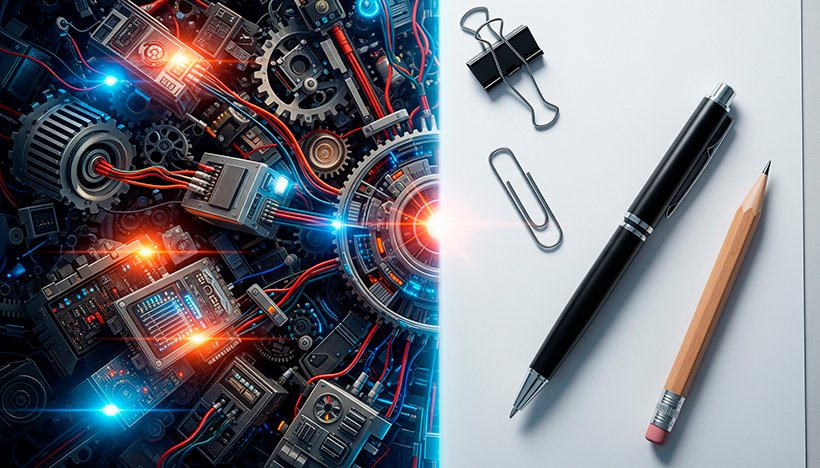 Uma imagem dividida ao meio, contrastando complexidade com simplicidade. À esquerda, um emaranhado de engrenagens complexas, fios, placas de circuito e computadores supermodernos, simbolizando a busca por soluções complicadas e o excesso de tecnologia. Há um brilho exagerado e luzes piscando. À direita, em contraste, uma única e elegante caneta esferográfica repousa sobre uma folha de papel branca, ao lado de um clipe de papel e um lápis. A cena é limpa, bem iluminada e tranquila, transmitindo a ideia de eficiência e simplicidade que funciona. Uma linha divisória clara e harmoniosa separa os dois lados. O estilo é uma ilustração digital que combina elementos tecnológicos complexos com objetos simples e minimalistas. Alta resolução, proporção 16:9.