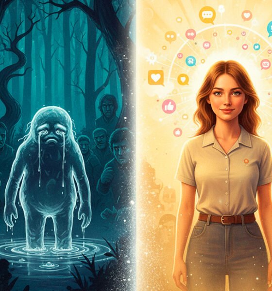 Uma imagem conceitual e emocionalmente poderosa dividida em duas partes que se conectam. No lado esquerdo, em tons escuros e melancólicos, uma figura etérea e translúcida, com características que remetem ao Squonk (um pouco disforme, escorrendo lágrimas), se dissolve em um ambiente de floresta sombria, cercada por sombras que simbolizam rejeição e pressão. No lado direito, em cores mais claras e esperançosas, uma jovem mulher (inspirada em Lizzie Velasquez, mas sem ser um retrato exato, focando na expressão de força e sorriso) sorri com confiança, olhando para frente. Ao fundo, um mundo em rede com balões de fala positivos e corações, representando sua campanha contra o cyberbullying e o impacto positivo. Uma linha divisória sutil, mas que mostra uma transição de escuridão para luz, conecta as duas cenas. O estilo é uma ilustração digital que combina fantasia e realismo, com um forte apelo emocional. Alta resolução, proporção 16:9.