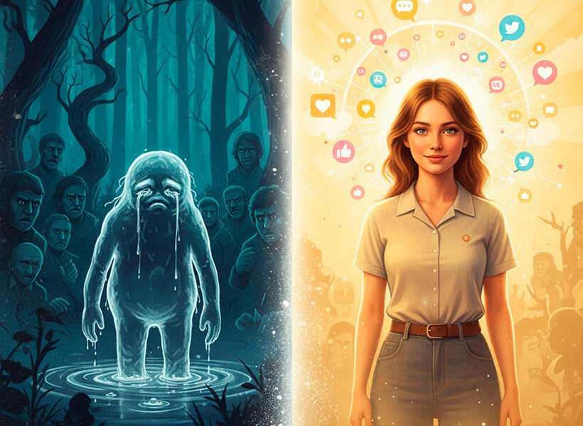 Uma imagem conceitual e emocionalmente poderosa dividida em duas partes que se conectam. No lado esquerdo, em tons escuros e melancólicos, uma figura etérea e translúcida, com características que remetem ao Squonk (um pouco disforme, escorrendo lágrimas), se dissolve em um ambiente de floresta sombria, cercada por sombras que simbolizam rejeição e pressão. No lado direito, em cores mais claras e esperançosas, uma jovem mulher (inspirada em Lizzie Velasquez, mas sem ser um retrato exato, focando na expressão de força e sorriso) sorri com confiança, olhando para frente. Ao fundo, um mundo em rede com balões de fala positivos e corações, representando sua campanha contra o cyberbullying e o impacto positivo. Uma linha divisória sutil, mas que mostra uma transição de escuridão para luz, conecta as duas cenas. O estilo é uma ilustração digital que combina fantasia e realismo, com um forte apelo emocional. Alta resolução, proporção 16:9.