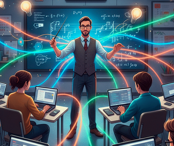 Uma ilustração conceitual e dinâmica que retrata um professor como um maestro regendo sua orquestra de alunos em uma sala de aula moderna. O professor, em pé na frente da sala, gesticula com paixão como se estivesse com uma batuta, direcionando o aprendizado. Os alunos, em suas carteiras, estão engajados e focados, cada um com seu 'instrumento' (laptops, livros, calculadoras), trabalhando em harmonia. Linhas de luz coloridas e etéreas fluem do professor para os alunos, simbolizando a troca de conhecimento e a motivação. O ambiente é colaborativo e energético, representando a gestão de sala de aula como um ato de liderança. Estilo de ilustração digital vibrante. Alta resolução, proporção 16:9