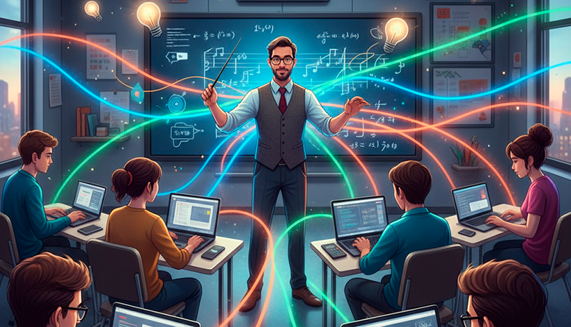 Uma ilustração conceitual e dinâmica que retrata um professor como um maestro regendo sua orquestra de alunos em uma sala de aula moderna. O professor, em pé na frente da sala, gesticula com paixão como se estivesse com uma batuta, direcionando o aprendizado. Os alunos, em suas carteiras, estão engajados e focados, cada um com seu 'instrumento' (laptops, livros, calculadoras), trabalhando em harmonia. Linhas de luz coloridas e etéreas fluem do professor para os alunos, simbolizando a troca de conhecimento e a motivação. O ambiente é colaborativo e energético, representando a gestão de sala de aula como um ato de liderança. Estilo de ilustração digital vibrante. Alta resolução, proporção 16:9