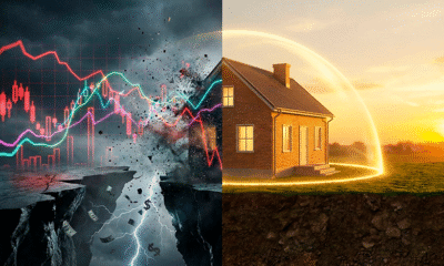 Uma imagem conceitual dividida que ilustra o contraste entre volatilidade financeira e a segurança dos imóveis. À esquerda, gráficos de linhas frenéticos e voláteis em vermelho e neon, representando o mercado financeiro instável e o risco, desfazendo-se em partículas digitais (aludindo ao "virar pó"). À direita, uma casa de tijolos sólida e iluminada por uma luz dourada e estável, representando o investimento imobiliário, permanecendo intacta e segura. O fundo da esquerda é escuro e tempestuoso; o da direita é calmo e sereno. Estilo 3D realista de alta qualidade. Resolução 820x468.