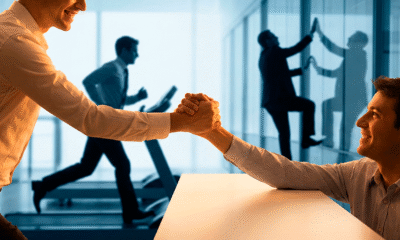 Uma imagem conceitual e inspiradora em um ambiente corporativo moderno e iluminado. Em primeiro plano, focado e com uma luz quente e dourada, duas mãos se encontram em um gesto de ajuda mútua – uma pessoa puxando a outra para cima em um nível mais alto, ambas sorrindo. Ao fundo, ligeiramente fora de foco e em tons mais frios de azul e cinza, silhuetas de pessoas engravatadas correm sozinhas em esteiras ou tentam escalar paredes de vidro isoladamente, representando a competição estressante. O contraste visual destaca o ato de servir e colaborar como o caminho mais luminoso e humano. Estilo fotográfico de alta resolução. Alta resolução, proporção 16:9.