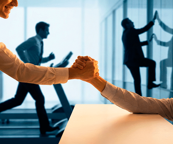 Uma imagem conceitual e inspiradora em um ambiente corporativo moderno e iluminado. Em primeiro plano, focado e com uma luz quente e dourada, duas mãos se encontram em um gesto de ajuda mútua – uma pessoa puxando a outra para cima em um nível mais alto, ambas sorrindo. Ao fundo, ligeiramente fora de foco e em tons mais frios de azul e cinza, silhuetas de pessoas engravatadas correm sozinhas em esteiras ou tentam escalar paredes de vidro isoladamente, representando a competição estressante. O contraste visual destaca o ato de servir e colaborar como o caminho mais luminoso e humano. Estilo fotográfico de alta resolução. Alta resolução, proporção 16:9.