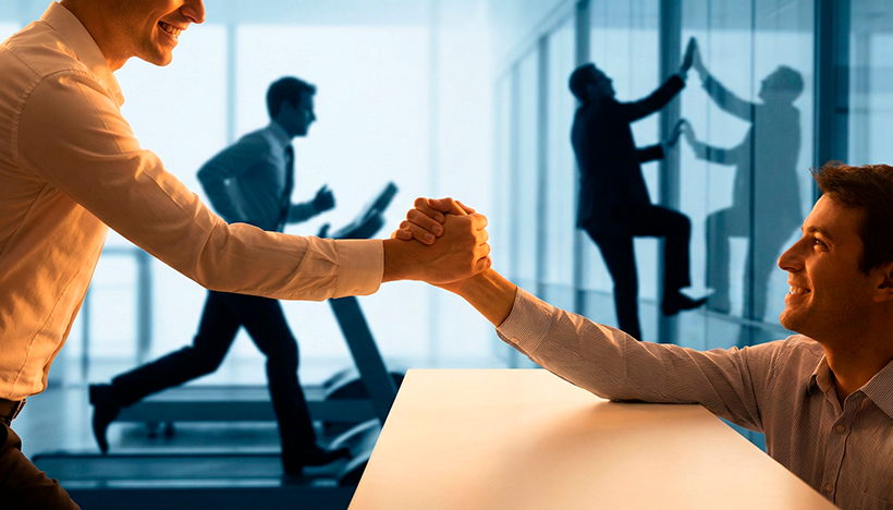 Uma imagem conceitual e inspiradora em um ambiente corporativo moderno e iluminado. Em primeiro plano, focado e com uma luz quente e dourada, duas mãos se encontram em um gesto de ajuda mútua – uma pessoa puxando a outra para cima em um nível mais alto, ambas sorrindo. Ao fundo, ligeiramente fora de foco e em tons mais frios de azul e cinza, silhuetas de pessoas engravatadas correm sozinhas em esteiras ou tentam escalar paredes de vidro isoladamente, representando a competição estressante. O contraste visual destaca o ato de servir e colaborar como o caminho mais luminoso e humano. Estilo fotográfico de alta resolução. Alta resolução, proporção 16:9.