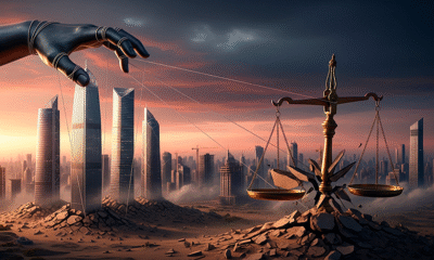 Uma imagem conceitual dramática dividida ou integrada. Em primeiro plano, uma mão gigante e metálica, representando o Estado, manipula cordas que sustentam arranha-céus futuristas e brilhantes (representando a economia chinesa). No entanto, as bases desses prédios estão rachadas e se desfazendo em areia, revelando fragilidade. Ao fundo, um cenário de "cidades fantasmas" com prédios inacabados sendo demolidos. Uma balança antiga (símbolo de equilíbrio econômico natural) pende para o lado, quebrada pela mão metálica. A iluminação é de crepúsculo, com tons de vermelho (China) e cinza (concreto/crise). Estilo de arte digital realista e impactante. Alta resolução, proporção 16:9 (820x468).