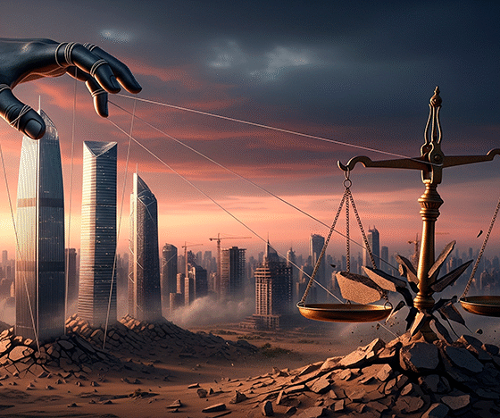 Uma imagem conceitual dramática dividida ou integrada. Em primeiro plano, uma mão gigante e metálica, representando o Estado, manipula cordas que sustentam arranha-céus futuristas e brilhantes (representando a economia chinesa). No entanto, as bases desses prédios estão rachadas e se desfazendo em areia, revelando fragilidade. Ao fundo, um cenário de "cidades fantasmas" com prédios inacabados sendo demolidos. Uma balança antiga (símbolo de equilíbrio econômico natural) pende para o lado, quebrada pela mão metálica. A iluminação é de crepúsculo, com tons de vermelho (China) e cinza (concreto/crise). Estilo de arte digital realista e impactante. Alta resolução, proporção 16:9 (820x468).