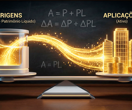 Uma ilustração 3D didática e estilizada. À esquerda, um reservatório ou fonte rotulado 'ORIGENS' (representando Passivo e Patrimônio Líquido) emite um fluxo dourado e brilhante de energia. Esse fluxo viaja para a direita, preenchendo e se transformando em estruturas rotuladas 'APLICAÇÕES' (representando Ativo), que tomam a forma de prédios, pilhas de dinheiro e caixas de estoque. Os dois lados estão perfeitamente equilibrados em uma balança moderna. O fundo é um quadro-negro elegante com equações contábeis tênues desenhadas a giz. A iluminação é focada no fluxo dourado, simbolizando a transformação de recursos. Alta resolução, proporção 16:9 (820x468).