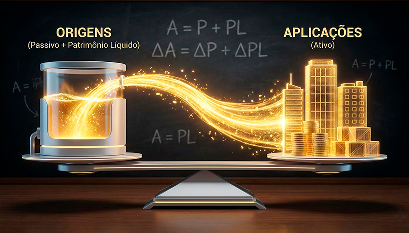 Uma ilustração 3D didática e estilizada. À esquerda, um reservatório ou fonte rotulado 'ORIGENS' (representando Passivo e Patrimônio Líquido) emite um fluxo dourado e brilhante de energia. Esse fluxo viaja para a direita, preenchendo e se transformando em estruturas rotuladas 'APLICAÇÕES' (representando Ativo), que tomam a forma de prédios, pilhas de dinheiro e caixas de estoque. Os dois lados estão perfeitamente equilibrados em uma balança moderna. O fundo é um quadro-negro elegante com equações contábeis tênues desenhadas a giz. A iluminação é focada no fluxo dourado, simbolizando a transformação de recursos. Alta resolução, proporção 16:9 (820x468).