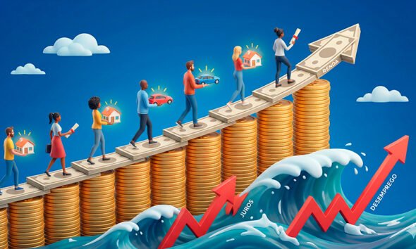 Uma ilustração digital estilo infográfico 3D, limpa e moderna. No centro, uma "ponte" sólida e ascendente feita de moedas douradas e notas estilizadas (representando a Renda), sobre a qual caminham pessoas segurando maquetes de casas, carros e diplomas (representando o Consórcio). Abaixo da ponte, ondas turbulentas e gráficos vermelhos em zigue-zague (representando Juros e Desemprego) tentam alcançar a ponte, mas não a atingem, demonstrando a resiliência do sistema. O fundo é um céu azul de brigadeiro, simbolizando clareza e futuro. Alta resolução, proporção 16:9 (820x468).